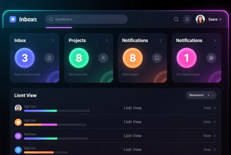dark theme, dashboard, header, badge, list view