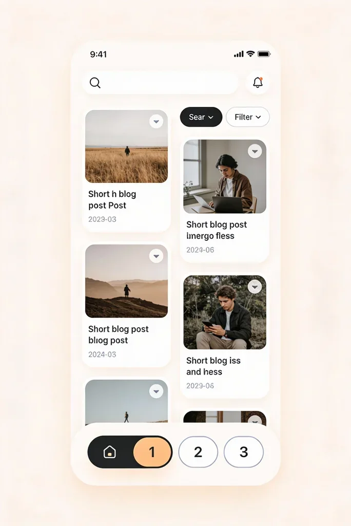 mobile ui, blog posts, pagination, material design, light mode