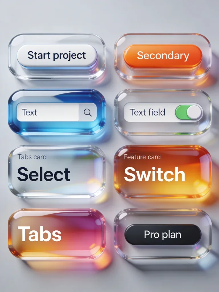 ui kit, mobile design, glass components, minimalist