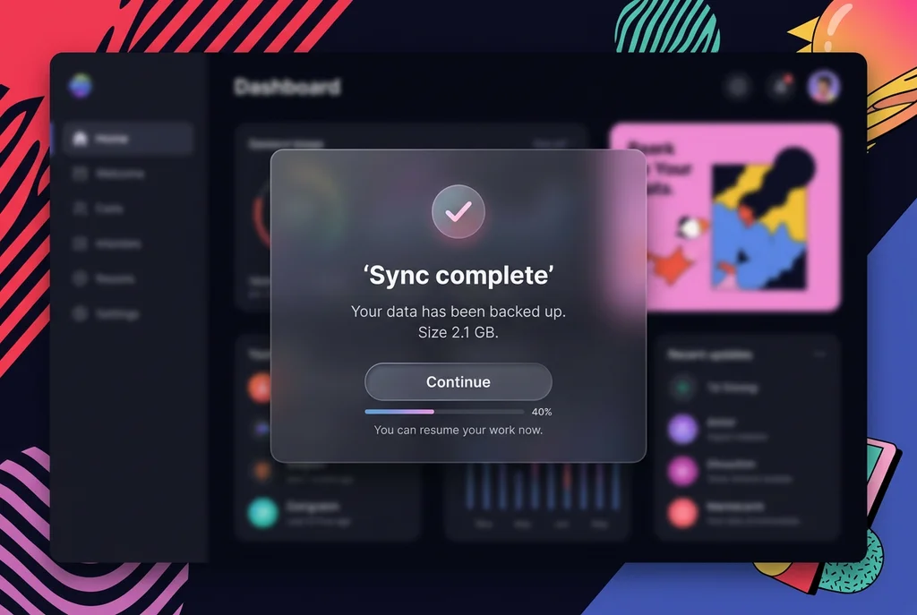 dark mode, dialog, glassmorphism, sync, notification