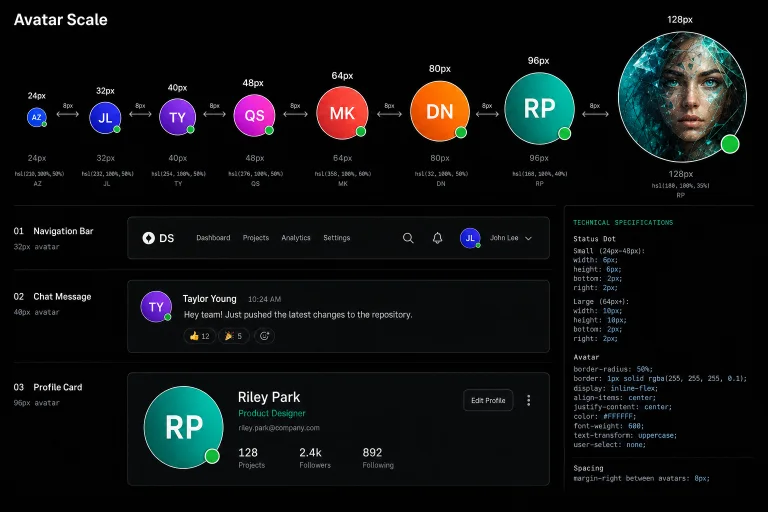 avatar, dark mode, design system, ui elements