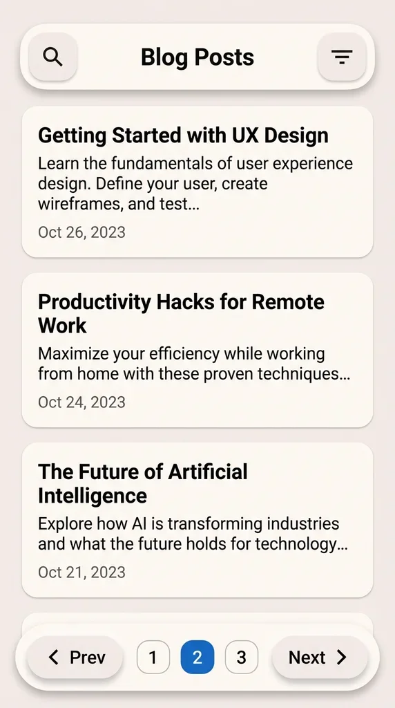 mobile ui, blog posts, pagination, material design, light mode