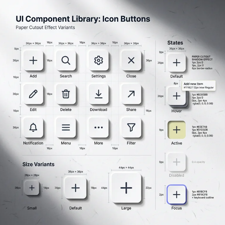 icon buttons, grid layout, paper texture, shadow effect