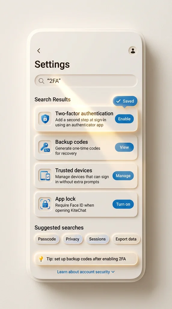 messaging app, ios theme, search results, settings screen, 2fa