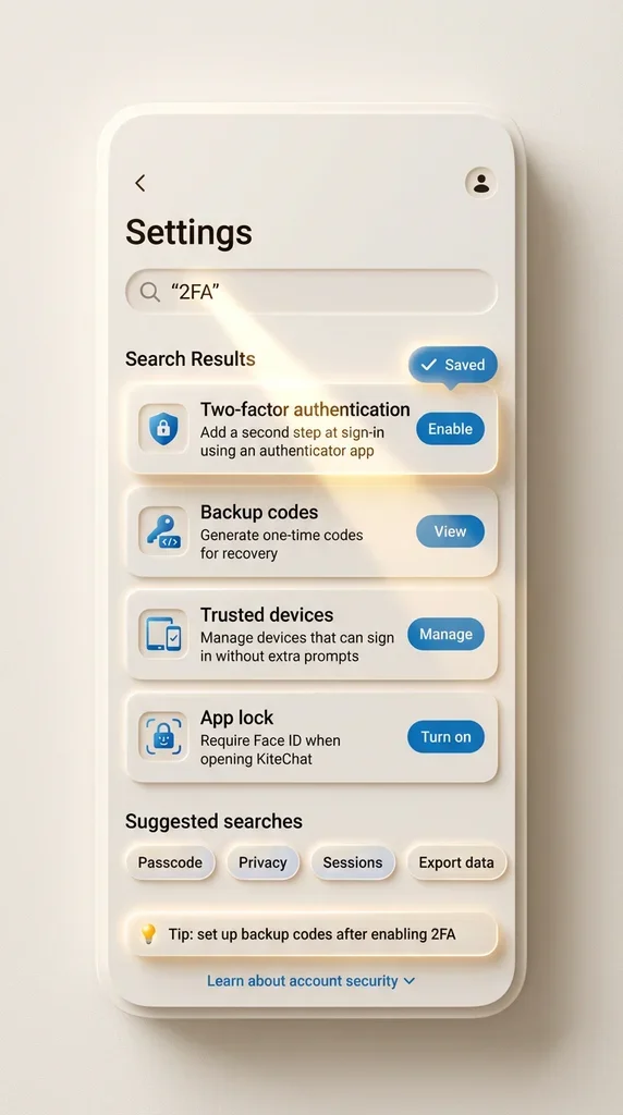 messaging app, ios theme, search results, settings screen, 2fa