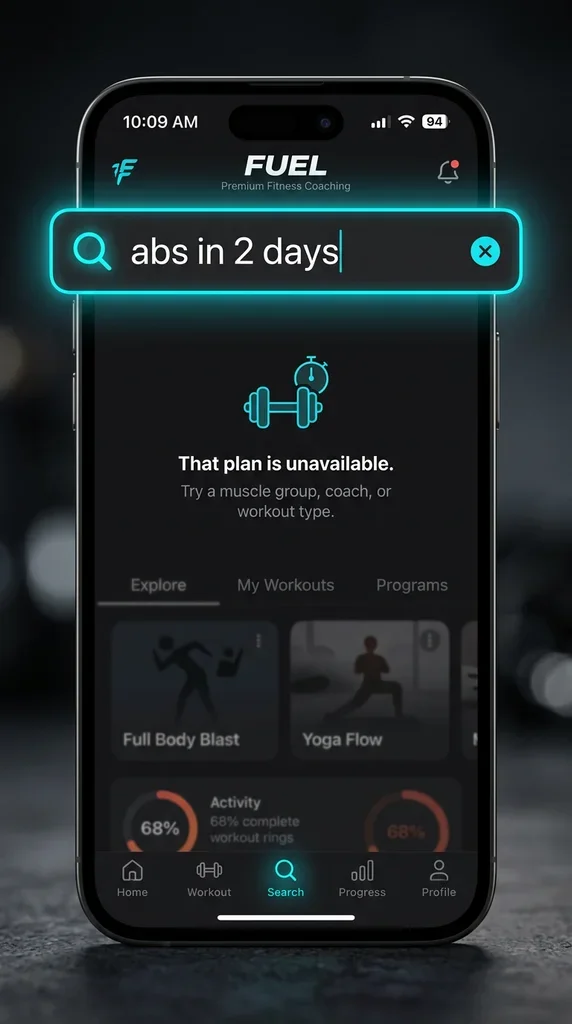 fitness, app, search, dark mode