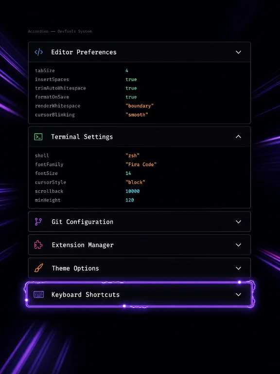 accordion, dark mode, accessibility, developer tools
