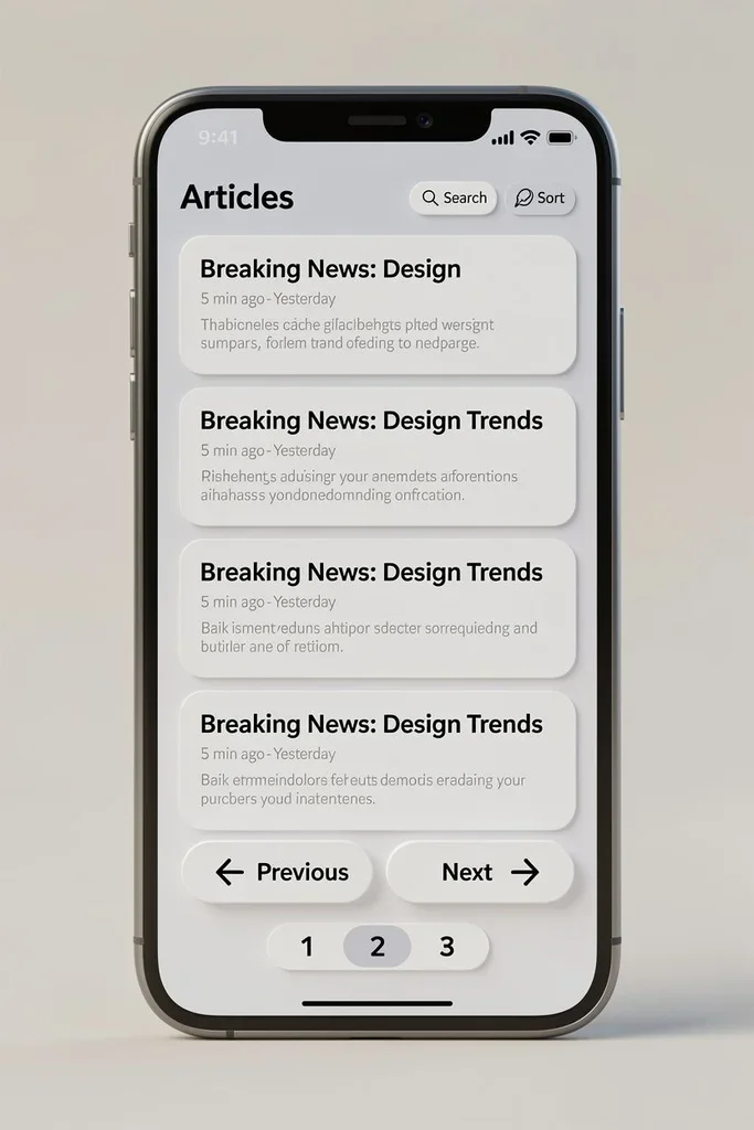 mobile ui, article list, pagination, material design, light mode
