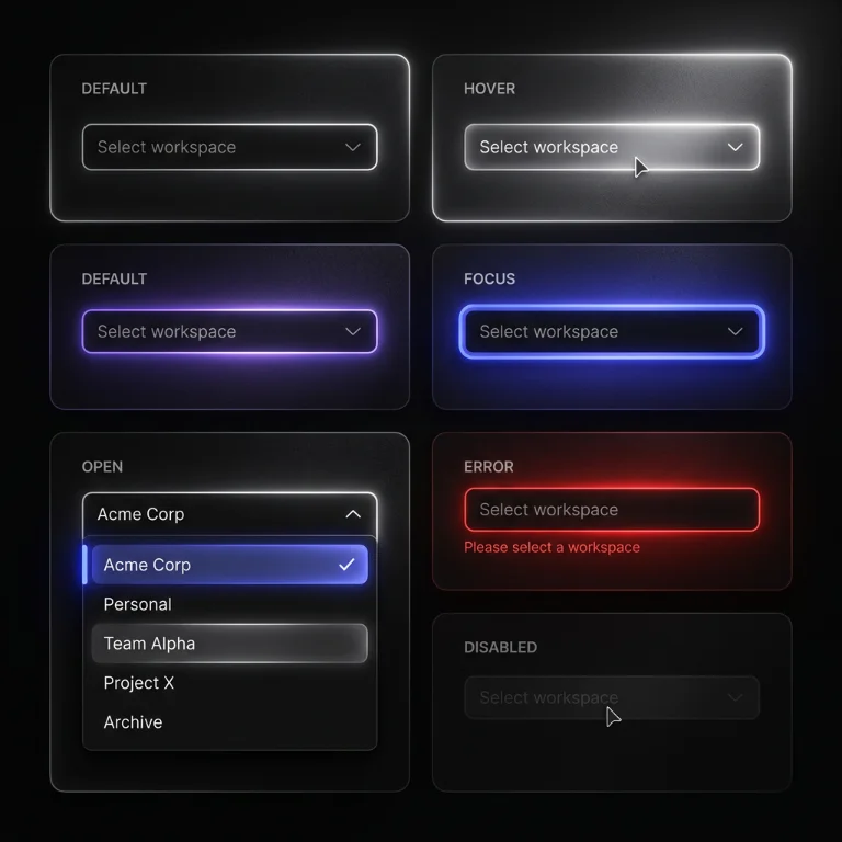 dropdown, dark mode, ui component, minimal