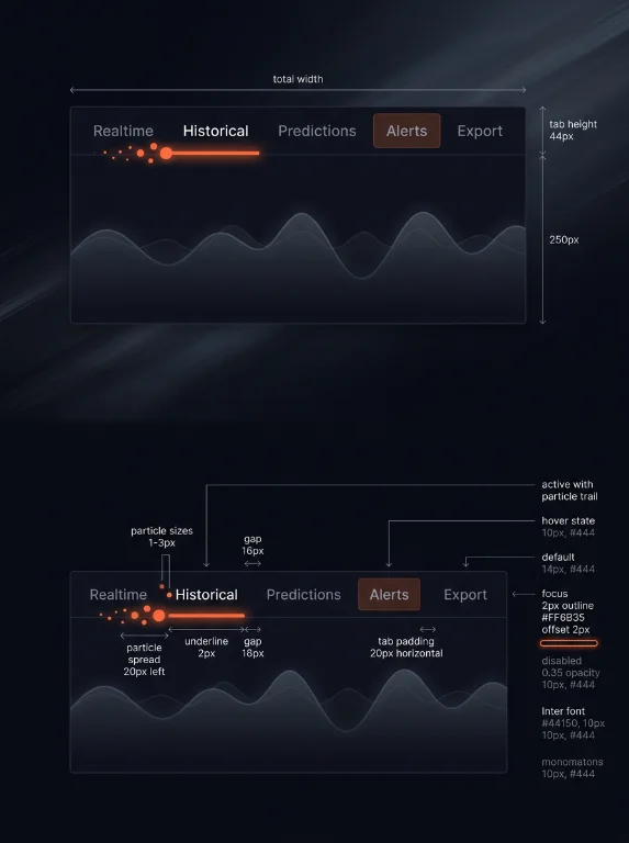 tabs, data visualization, dark mode, kinetic