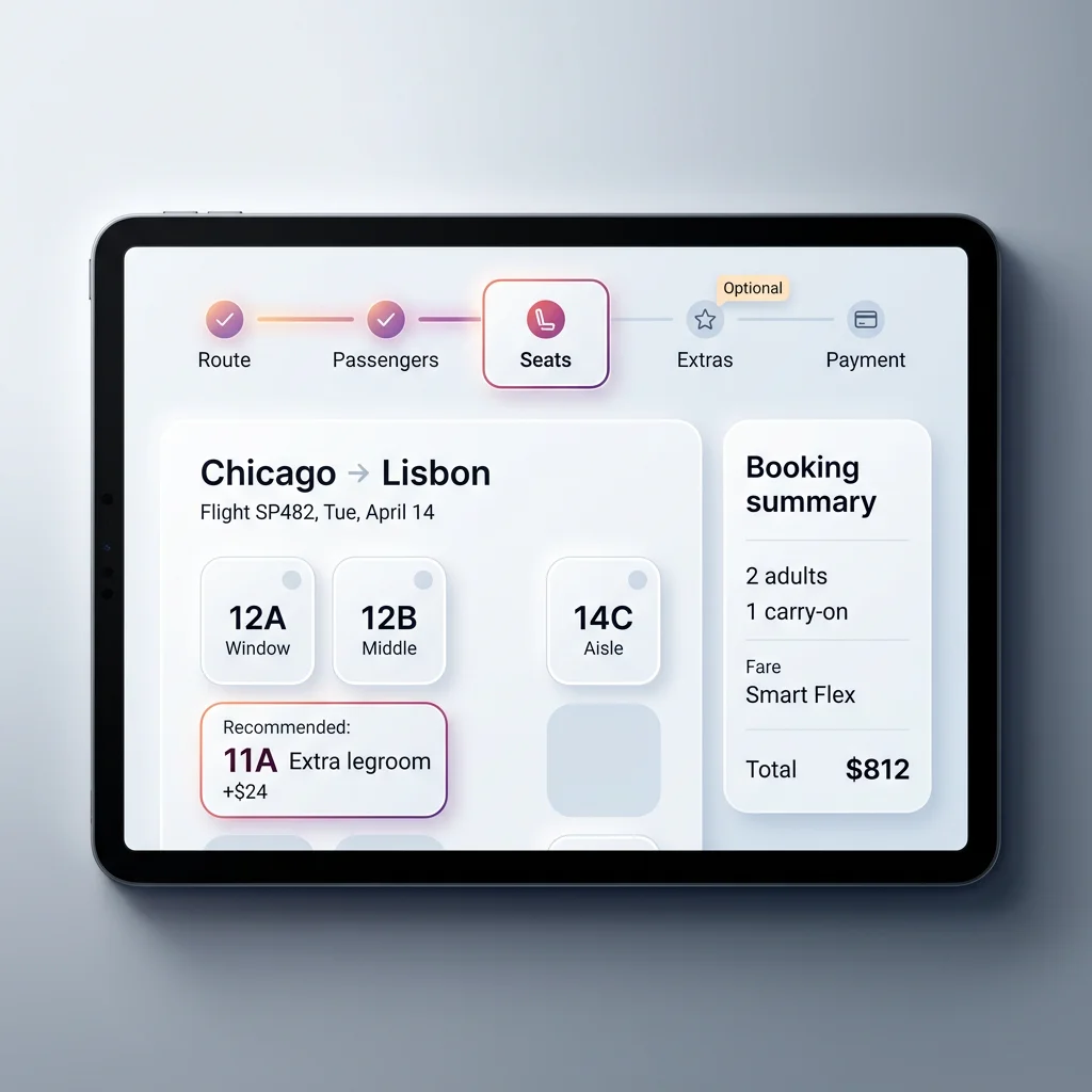 travel, booking, ui, tablet, stepper, summary, design