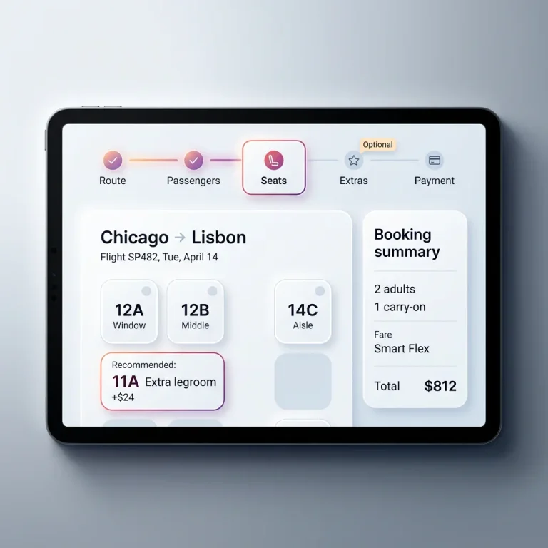 travel, booking, ui, tablet, stepper, summary, design