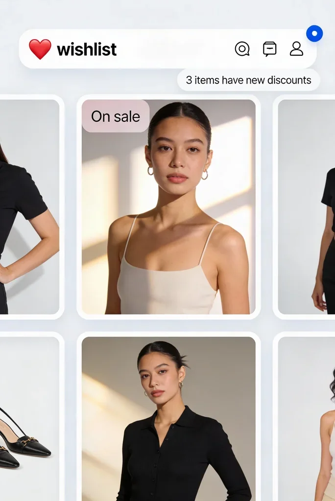 wishlist, heart icon, sale alert, dot badge, minimal ui
