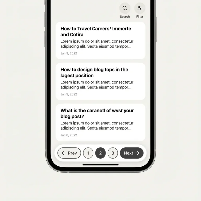 mobile ui, blog posts, pagination, material design, light mode