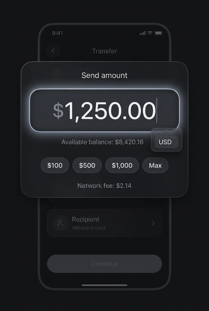 fintech, input, dark theme, mobile app, premium