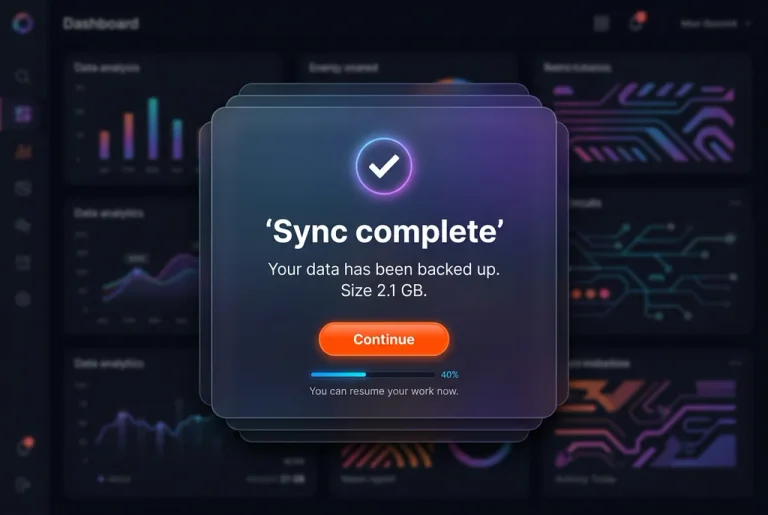 dark mode, dialog, glassmorphism, sync, complete