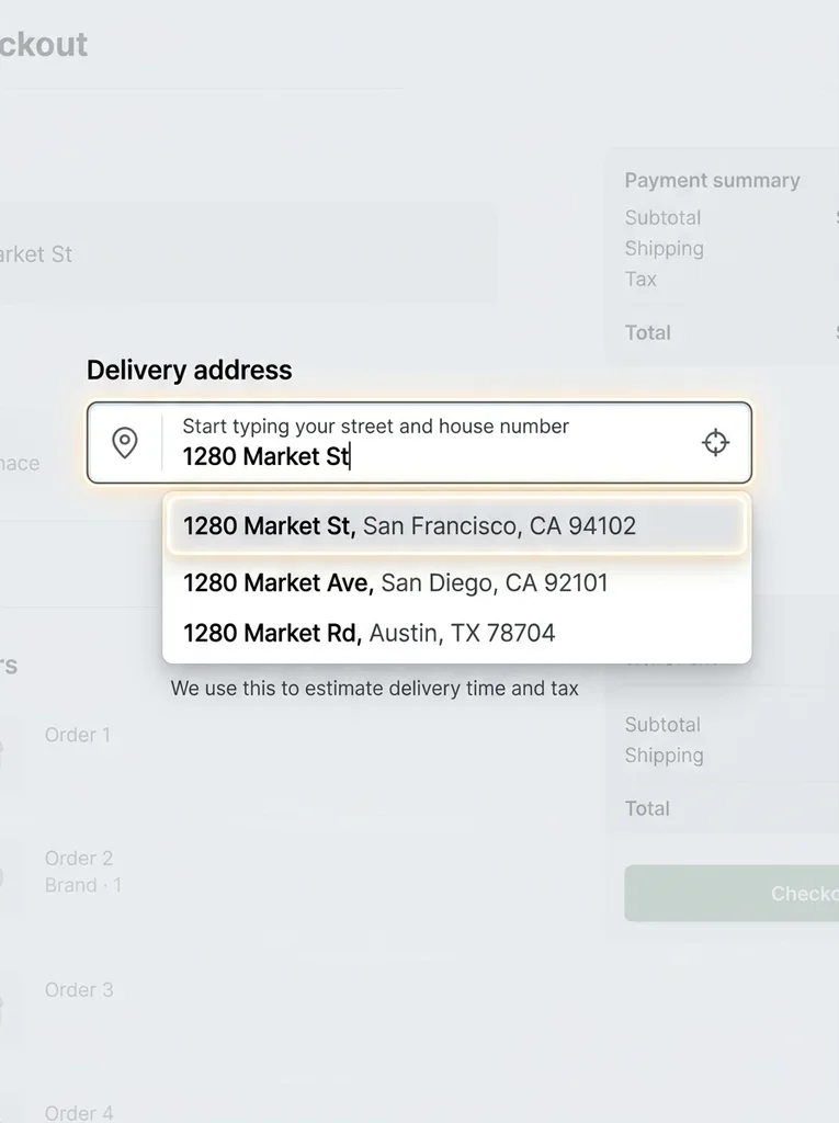 checkout, address, autocomplete, ecommerce, light theme