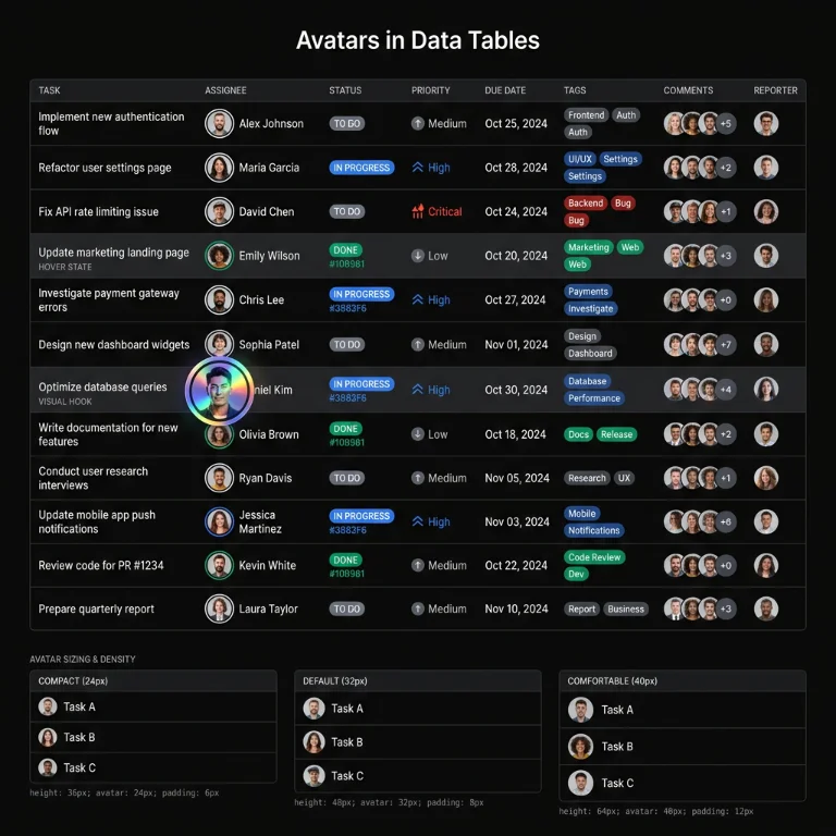 data table, dark mode, avatar, ui design