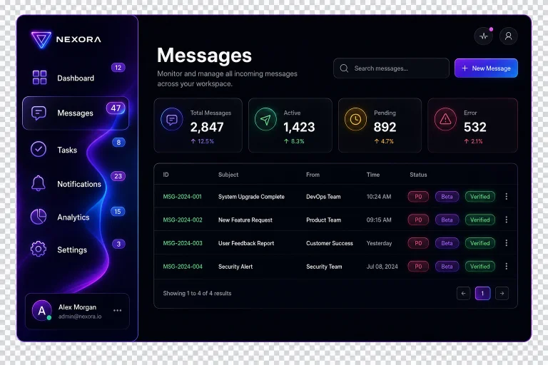 dashboard, dark mode, badges, data table