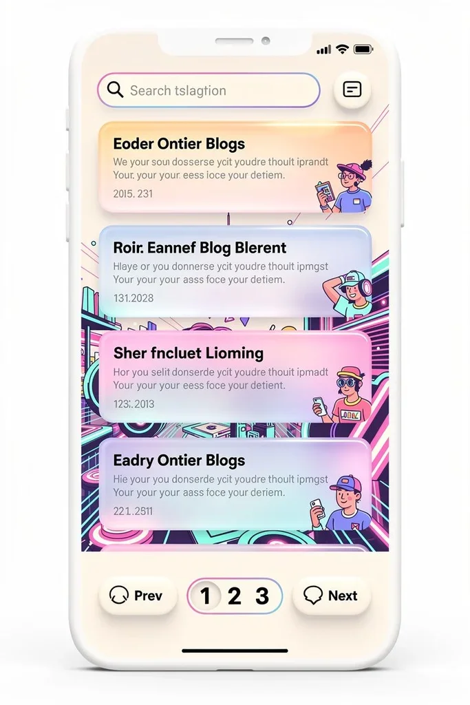 mobile ui, blog posts, pagination, material design, light mode